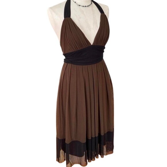 American Vintage Dresses & Skirts - London Style Brown Black Halter Neck Ruched Waist Pleated Midi Dress Size 8